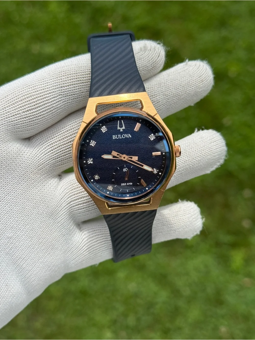 Bulova CURV Marc Anthony Diamond Blue Dial Blue Rubber Strap Watch 40.6mm unisex